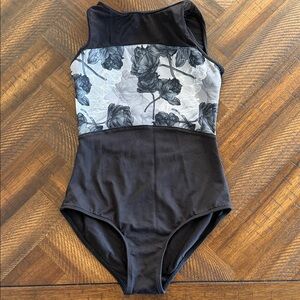 Mirella Black Leotard with Gray Floral Panel